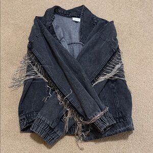 Le Lis Black Denim Jacket with Silver Fringe